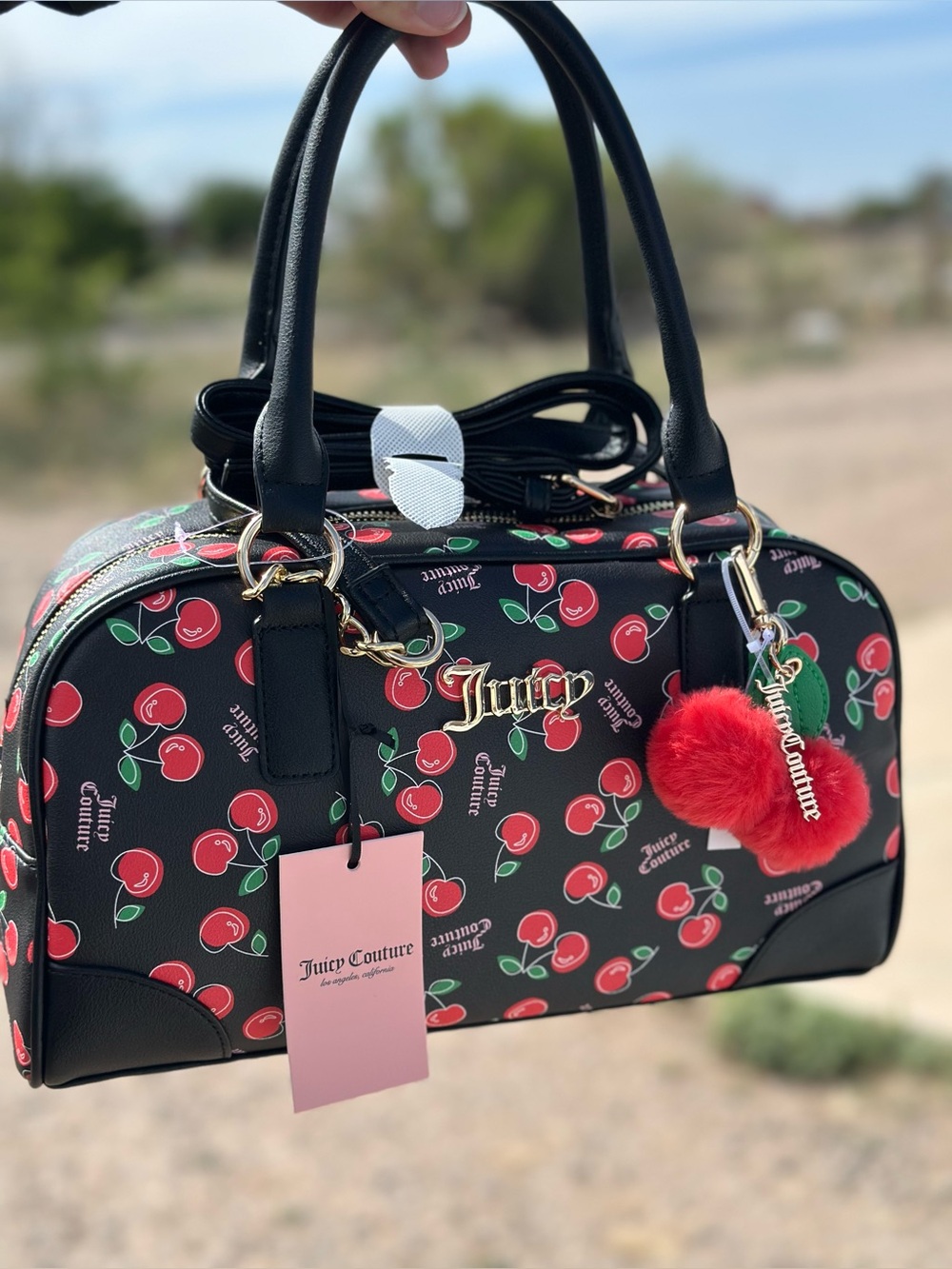 Juicy Couture Black Cherry Print Satchel with Red Pom Charm NWT